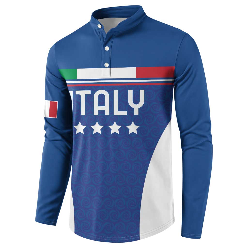 Blue henley football sweatshirt with ITALY text, stars, and flag stripe chest panel