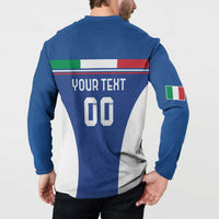 Blue football button sweatshirt back graphic with YOUR TEXT 00 and Italy flag on sleeve