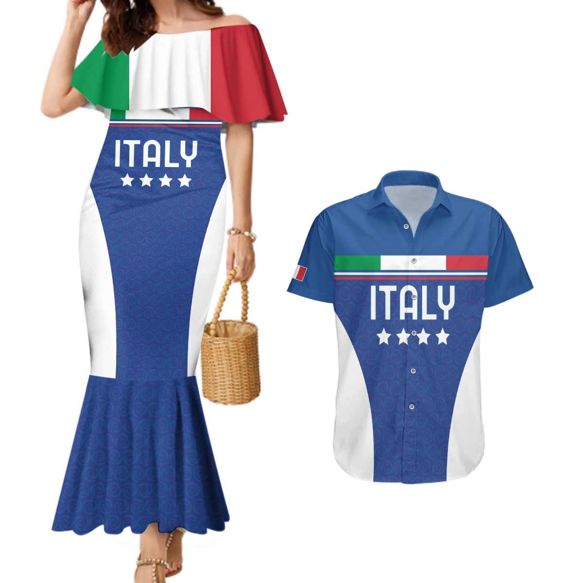 Custom Italy Football Couples Matching Mermaid Dress and Hawaiian Shirt Italy Flag Pattern On Blue