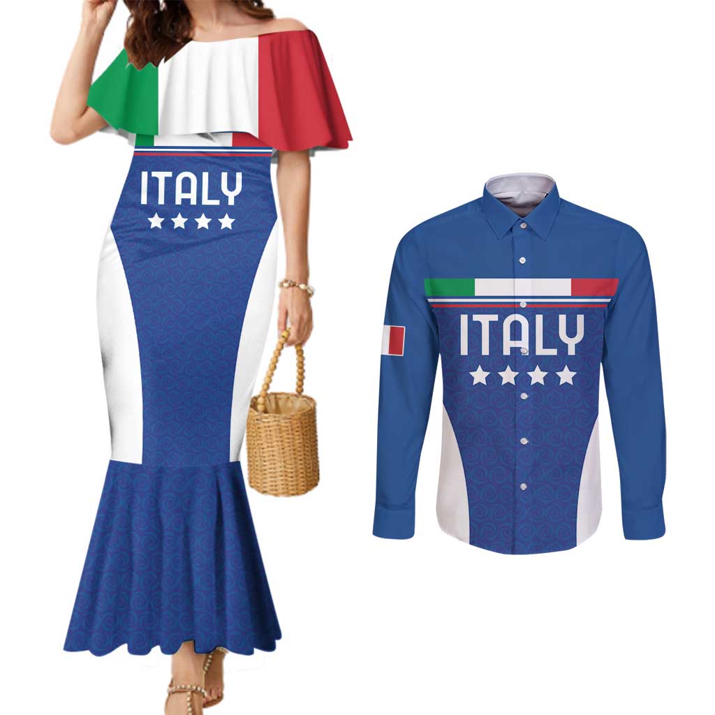 Custom Italy Football Couples Matching Mermaid Dress and Long Sleeve Button Shirt Italy Flag Pattern On Blue