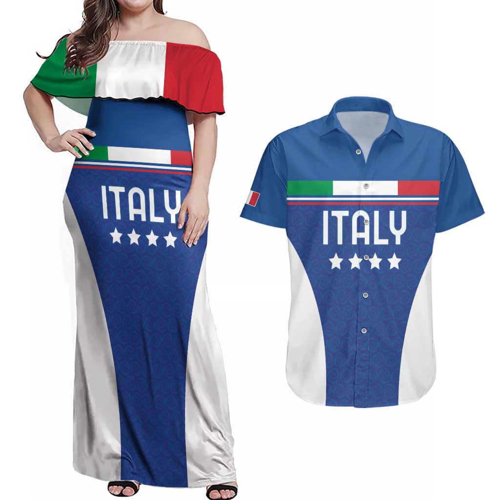 Custom Italy Football Couples Matching Off Shoulder Maxi Dress and Hawaiian Shirt Italy Flag Pattern On Blue