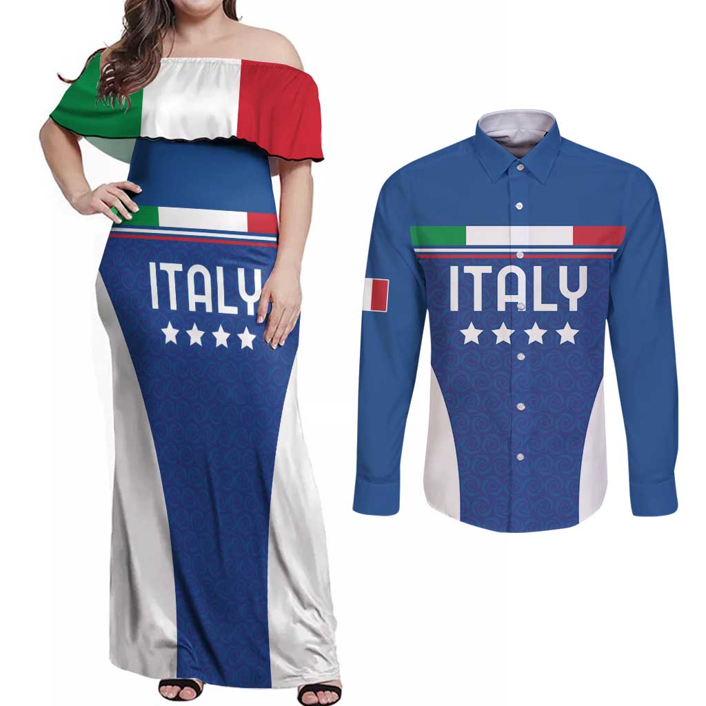 Custom Italy Football Couples Matching Off Shoulder Maxi Dress and Long Sleeve Button Shirt Italy Flag Pattern On Blue