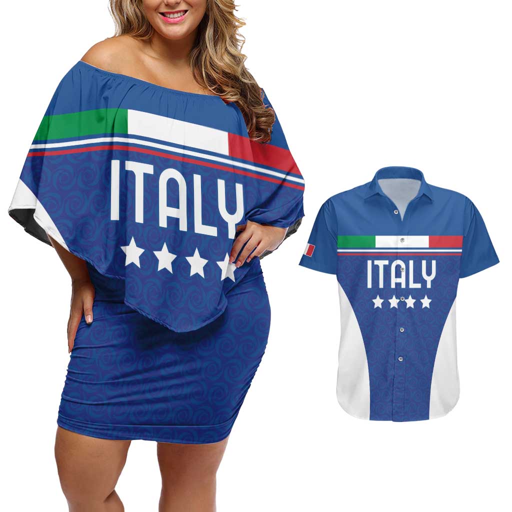 Custom Italy Football Couples Matching Off Shoulder Short Dress and Hawaiian Shirt Italy Flag Pattern On Blue