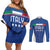 Custom Italy Football Couples Matching Off Shoulder Short Dress and Long Sleeve Button Shirt Italy Flag Pattern On Blue