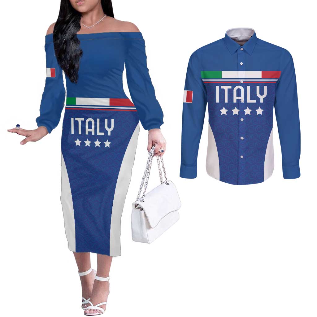 Custom Italy Football Couples Matching Off The Shoulder Long Sleeve Dress and Long Sleeve Button Shirt Italy Flag Pattern On Blue