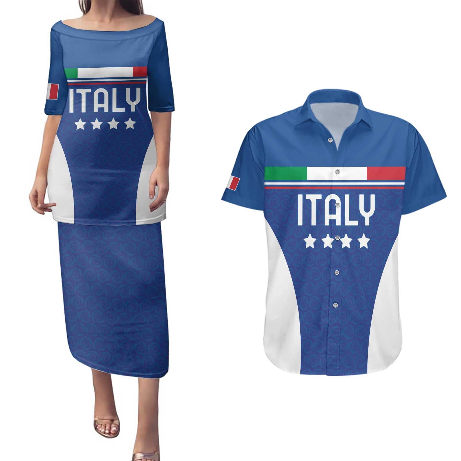 Custom Italy Football Couples Matching Puletasi and Hawaiian Shirt Italy Flag Pattern On Blue