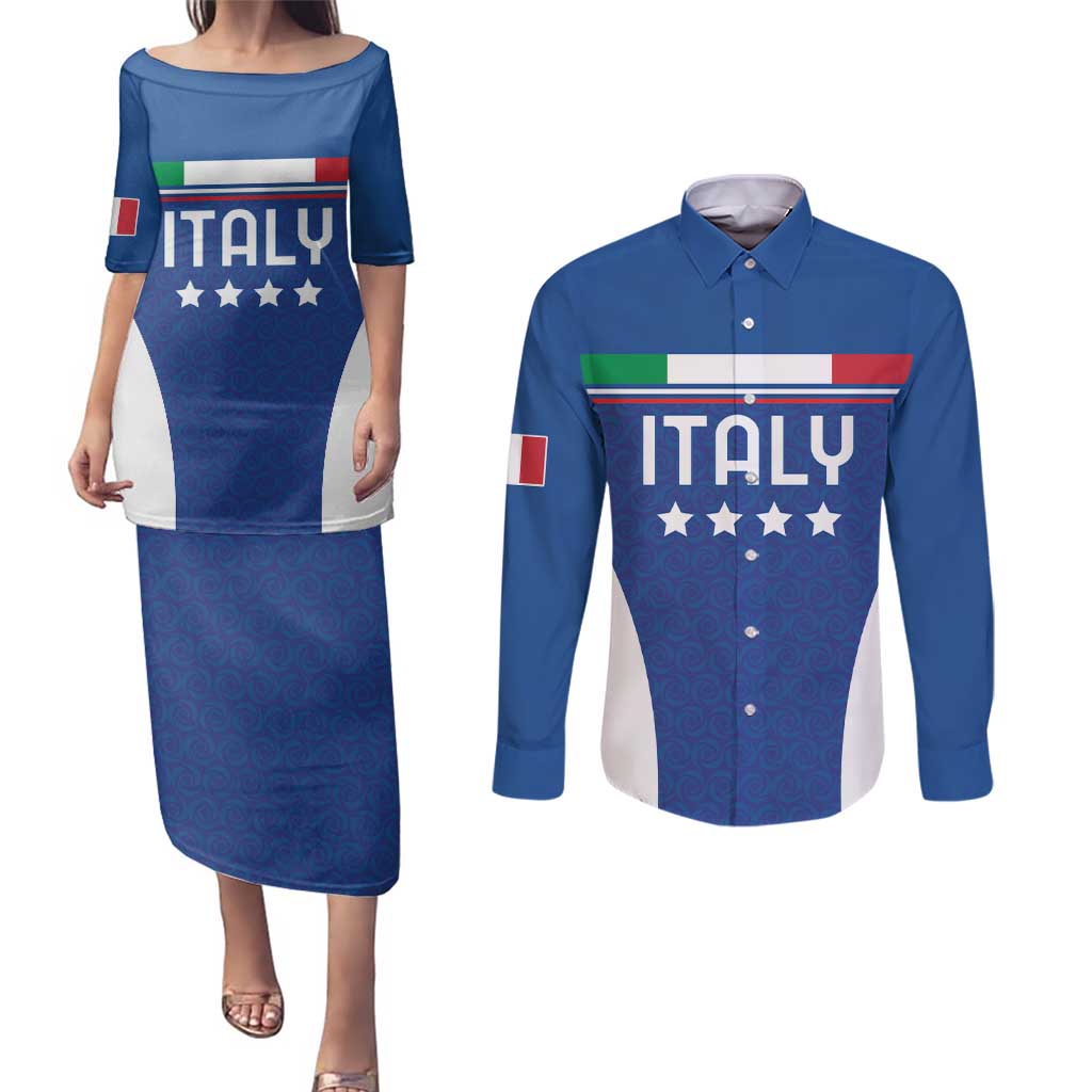 Custom Italy Football Couples Matching Puletasi and Long Sleeve Button Shirt Italy Flag Pattern On Blue