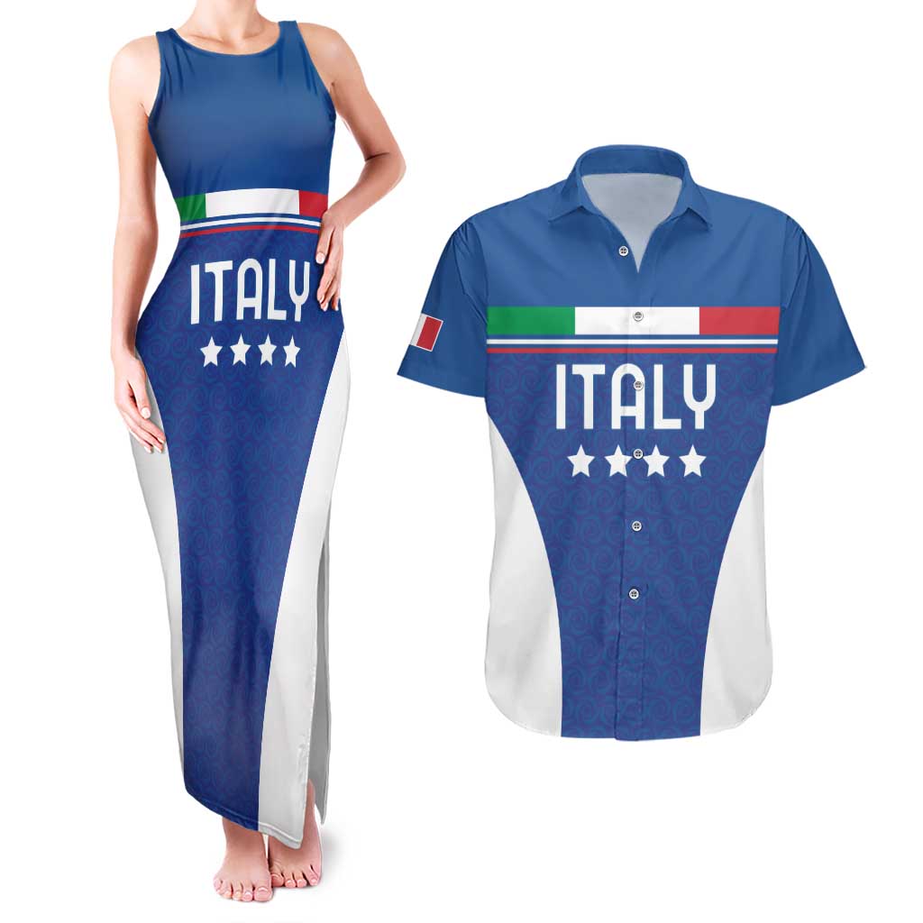 Custom Italy Football Couples Matching Tank Maxi Dress and Hawaiian Shirt Italy Flag Pattern On Blue