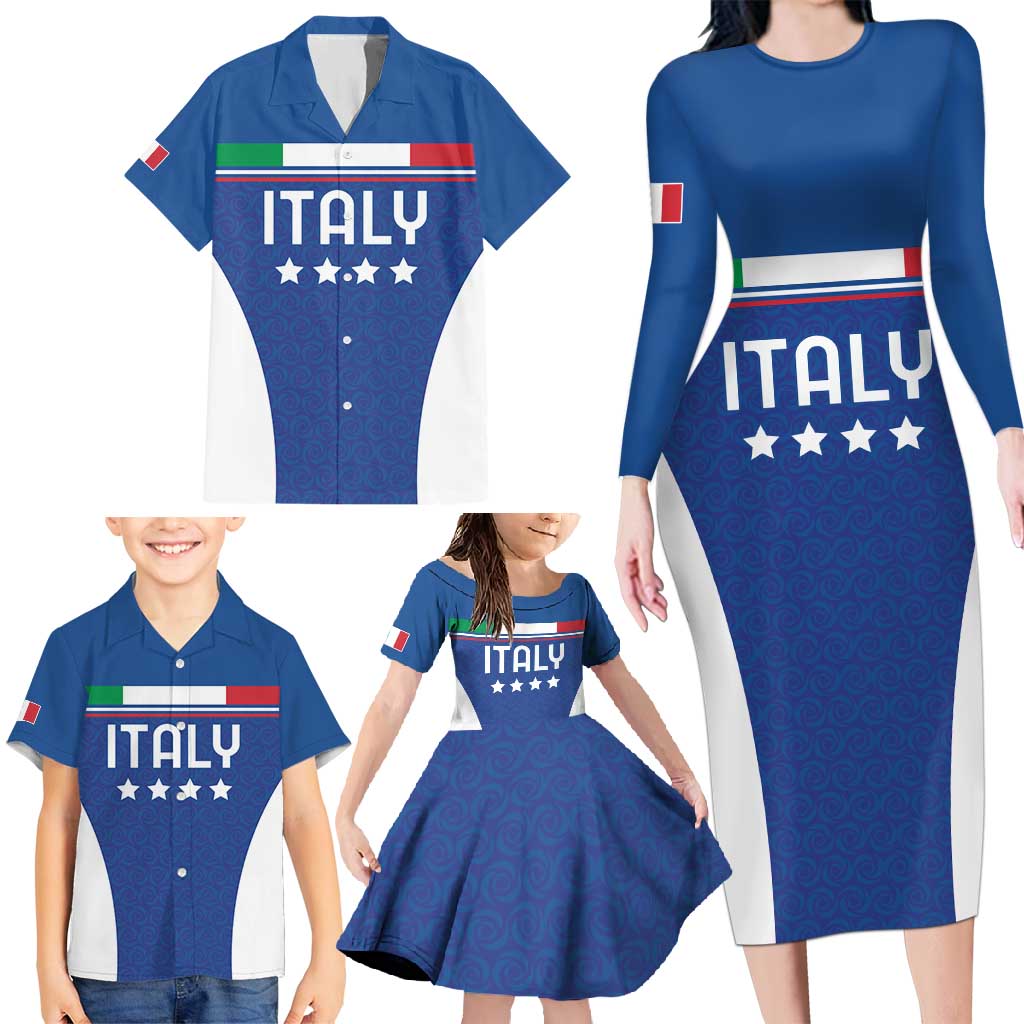 Custom Italy Football Family Matching Long Sleeve Bodycon Dress and Hawaiian Shirt Italy Flag Pattern On Blue - Wonder Print Shop