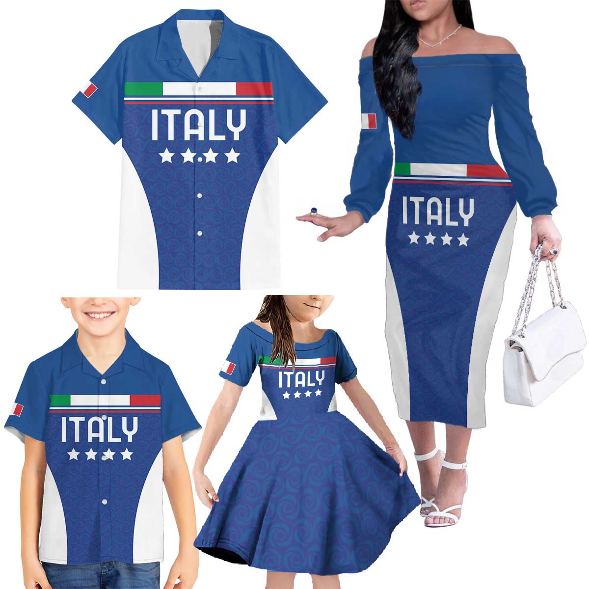 Custom Italy Football Family Matching Off The Shoulder Long Sleeve Dress and Hawaiian Shirt Italy Flag Pattern On Blue