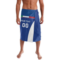 Blue football lavalava shorts with Italy flag graphic, white panel, red stripe, number 00