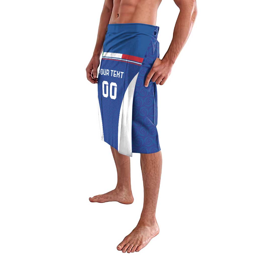 Blue football lavalava shorts with Italy flag stripe front and number 00 on left panel