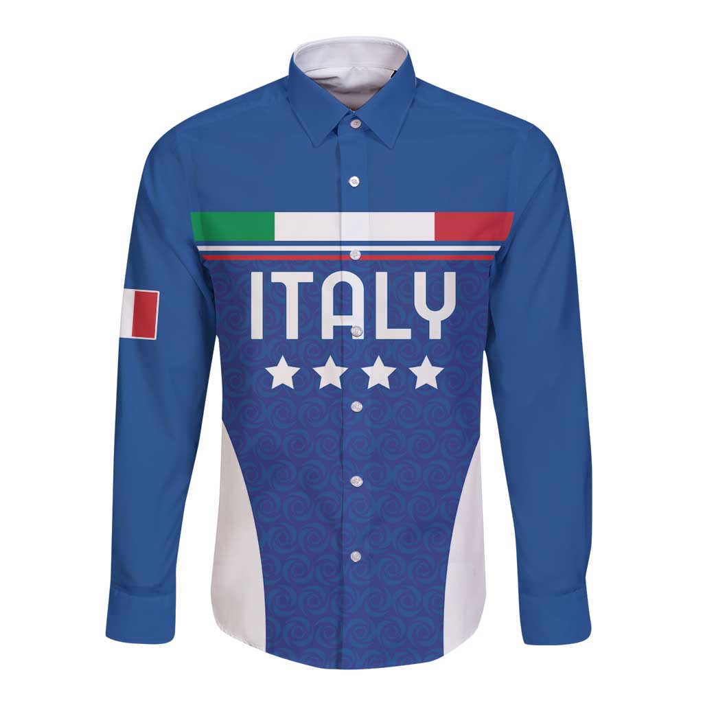 Blue long-sleeve button shirt with Italy-flag panel and 'ITALY' graphic