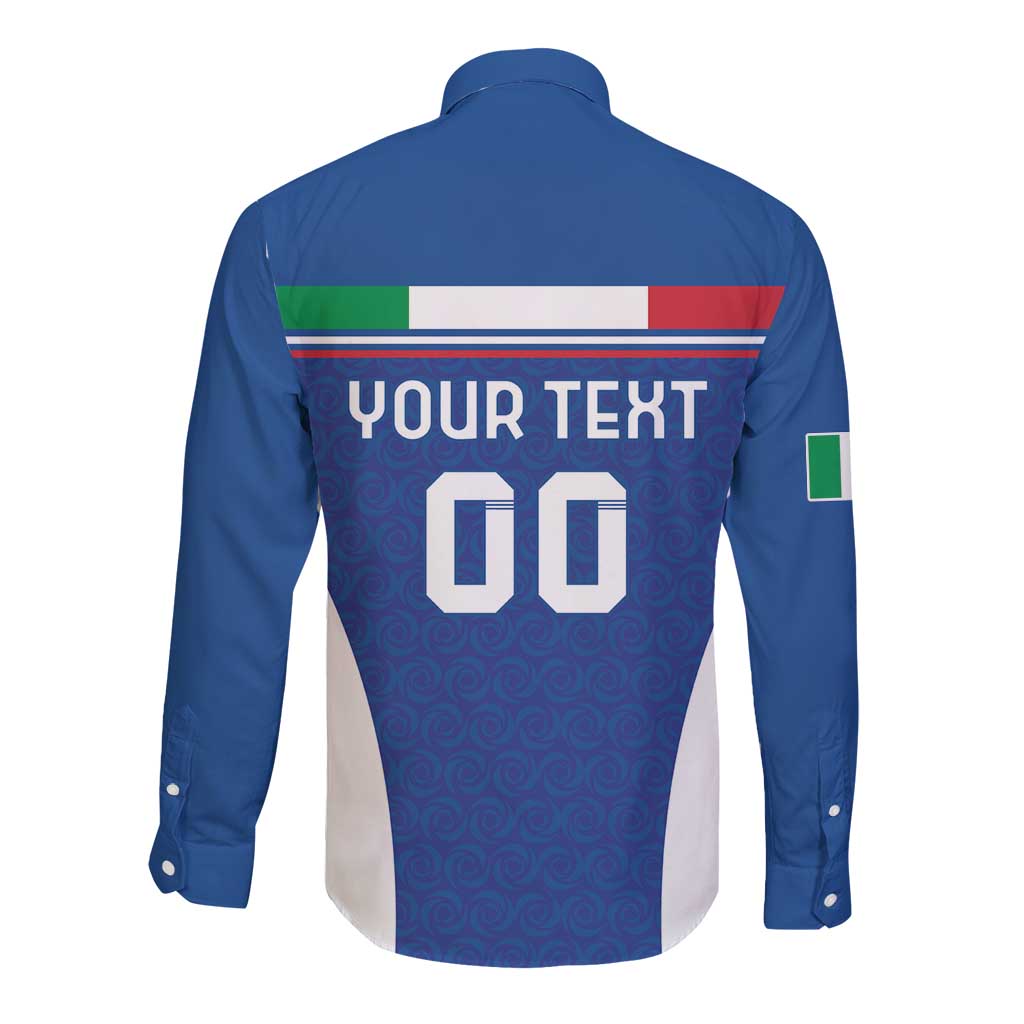 Blue long-sleeve button shirt with Italy-flag back panel, 'YOUR TEXT' and 'DO' print