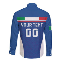 Blue long-sleeve button shirt with Italy-flag back panel, 'YOUR TEXT' and 'DO' print