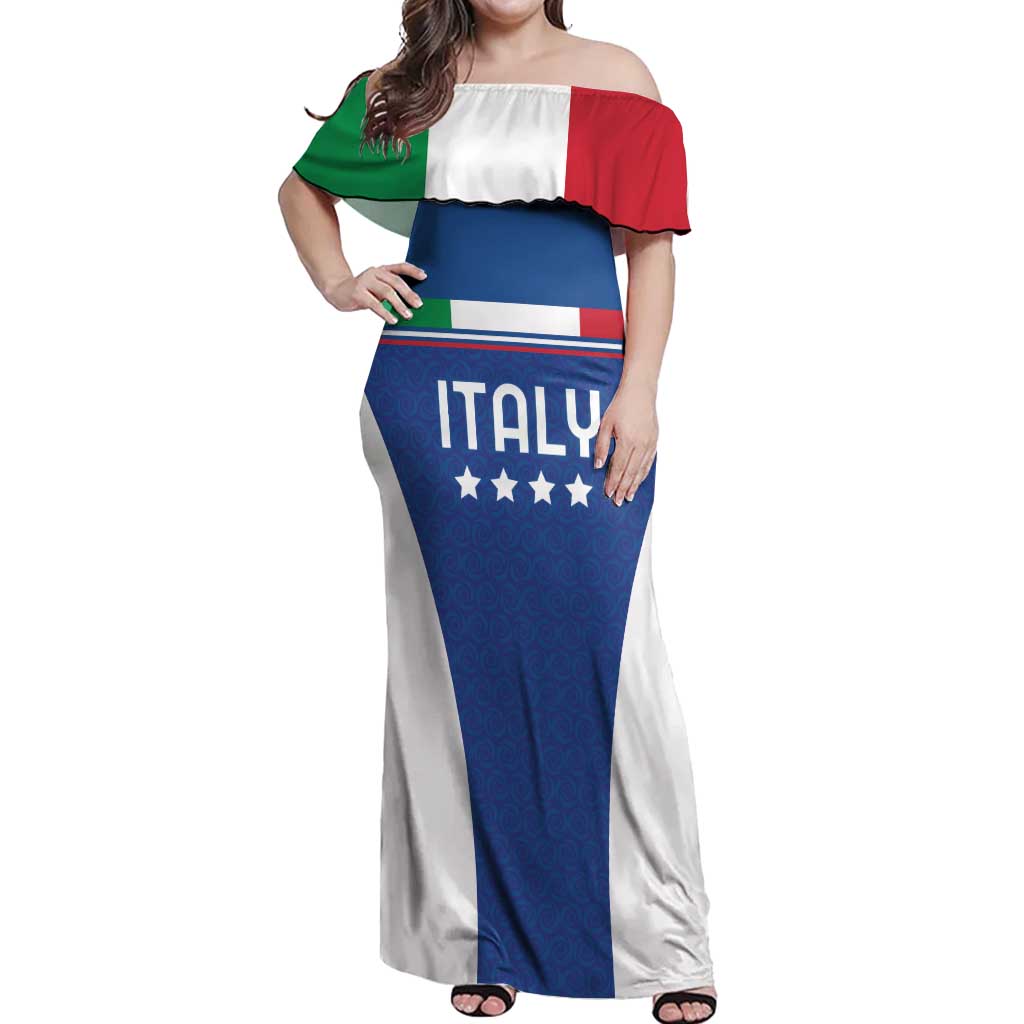 Custom Italy Football Off Shoulder Maxi Dress Italy Flag Pattern On Blue - Wonder Print Shop