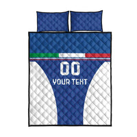 Blue and white quilt bed set with Italy flag stripe, 00 and YOUR TEXT, matching pillows