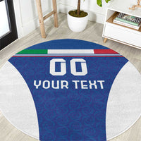 Blue round football carpet with Italy flag stripe, '00' and 'YOUR TEXT' center
