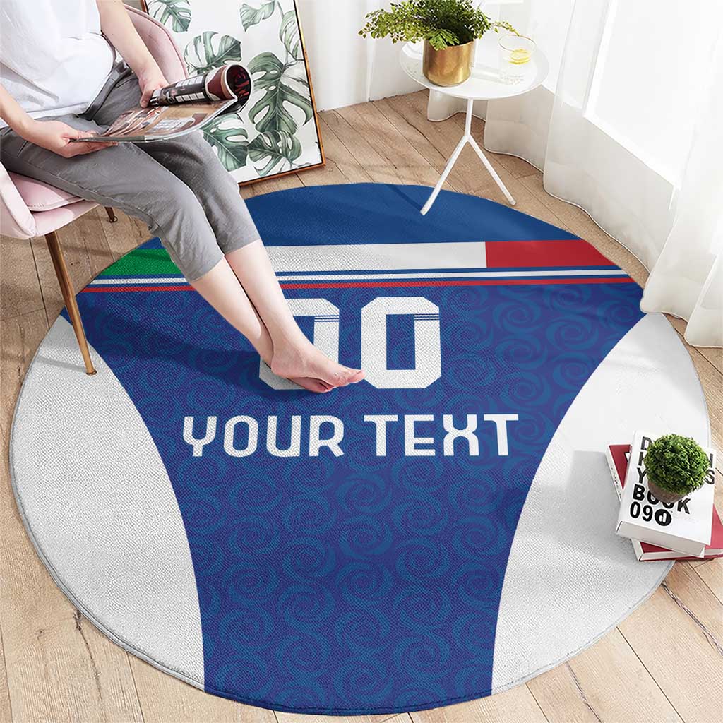 Blue round football carpet with Italy flag stripe, '00' and 'YOUR TEXT'