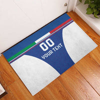 Blue football doormat with custom text, multicolor edge stripes, and white corner panels
