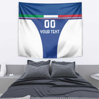 Blue football-style wall tapestry with Italy flag stripes, number 00, and “YOUR TEXT”