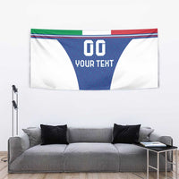 Blue football-style wall tapestry with Italy flag stripes, number 00, and “YOUR TEXT”