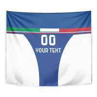 Blue football-style tapestry featuring Italy flag stripes, number 00, and “YOUR TEXT”