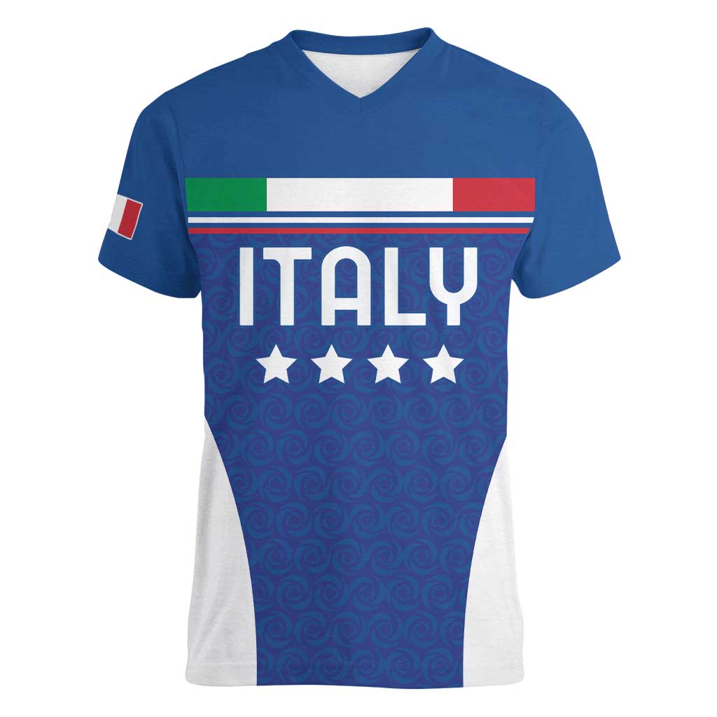 Custom Italy Football Women V-Neck T-Shirt Italy Flag Pattern On Blue