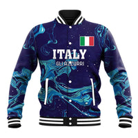 Rugby baseball jacket in dark blue with teal flame pattern, ribbed collar, and Italy flag patch