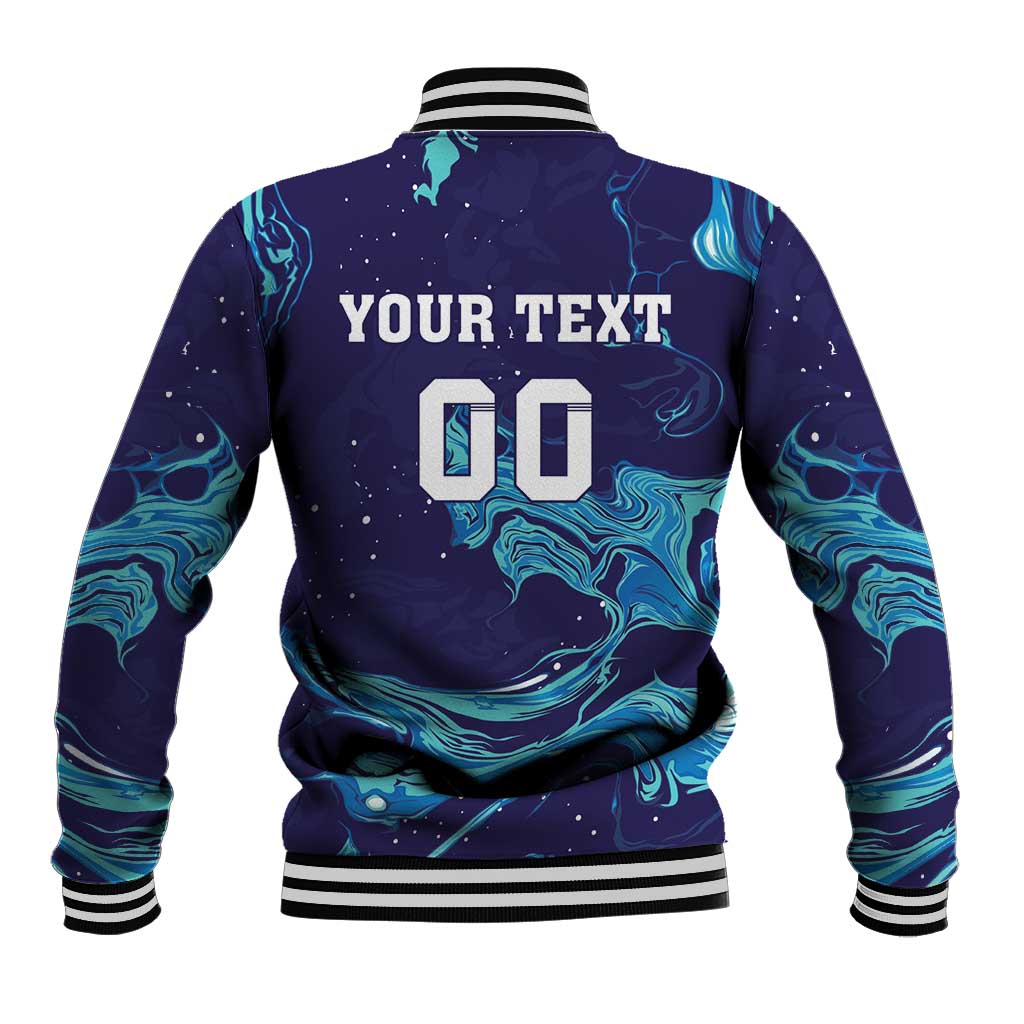 Rugby baseball jacket back with teal flame pattern, ribbed cuffs, and custom “YOUR TEXT 00” print