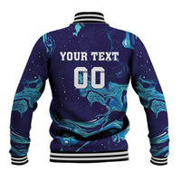 Rugby baseball jacket back with teal flame pattern, ribbed cuffs, and custom “YOUR TEXT 00” print