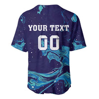 Dark navy rugby baseball jersey back with YOUR TEXT, teal flame pattern, number 00