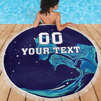 Round navy beach blanket with white fringe, custom text and blue wave flame print