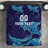 Custom rugby bedding set in dark blue with teal flame swirl pattern; 'DO YOUR TEXT' on duvet.
