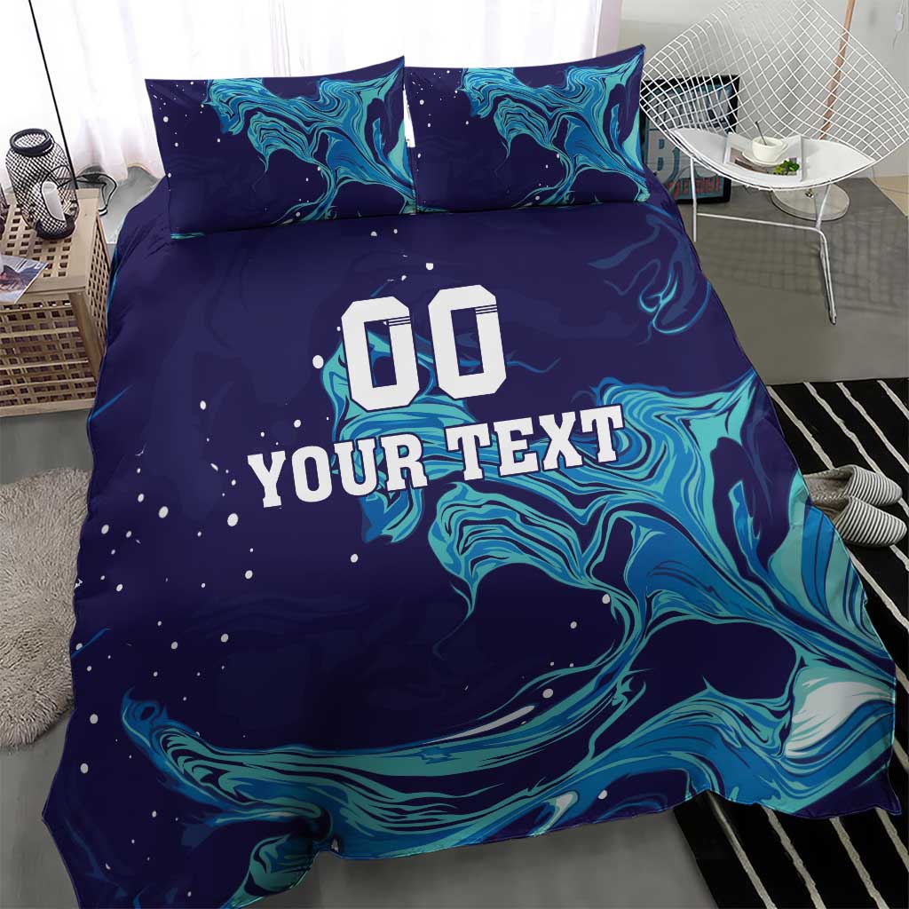 Custom rugby bedding set featuring dark blue teal flame swirl design with 'DO YOUR TEXT' center.
