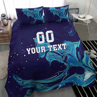 Custom rugby bedding set featuring dark blue teal flame swirl design with 'DO YOUR TEXT' center.