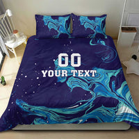Custom rugby bedding set with navy and teal flame swirl pattern and 'DO YOUR TEXT' on duvet front.