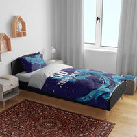 Custom rugby bedding set on bed: dark blue teal flame swirl print with 'DO YOUR TEXT' text.