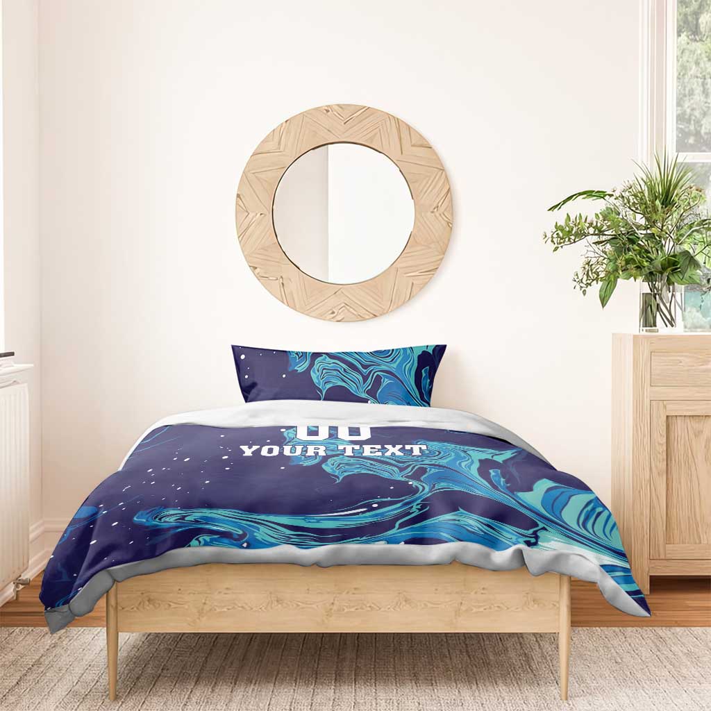 Custom rugby bedding set with dark blue and teal flame swirl pattern; 'DO YOUR TEXT' on duvet top.