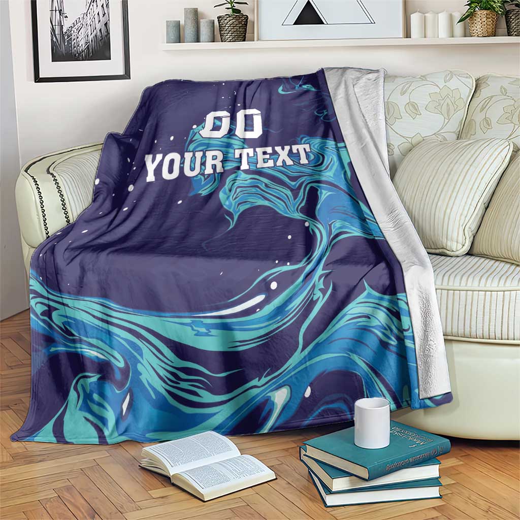 Customizable rugby blanket, dark navy with teal wave design and '00 YOUR TEXT'