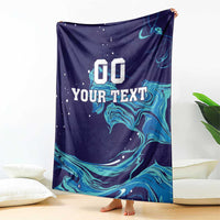 Customizable rugby blanket, dark navy with teal swirls and centered '00 YOUR TEXT'