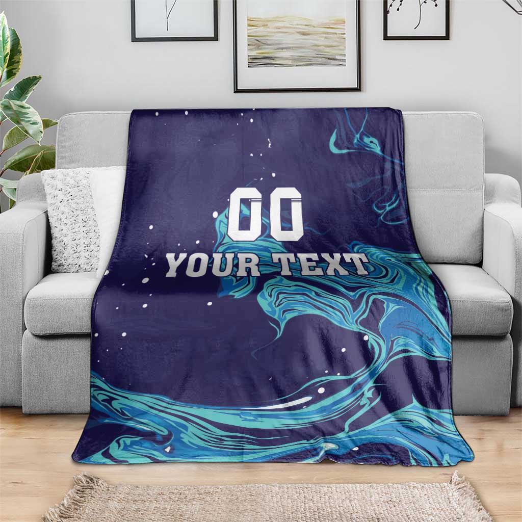 Customizable rugby blanket with '00 YOUR TEXT' and teal wave swirl pattern on navy