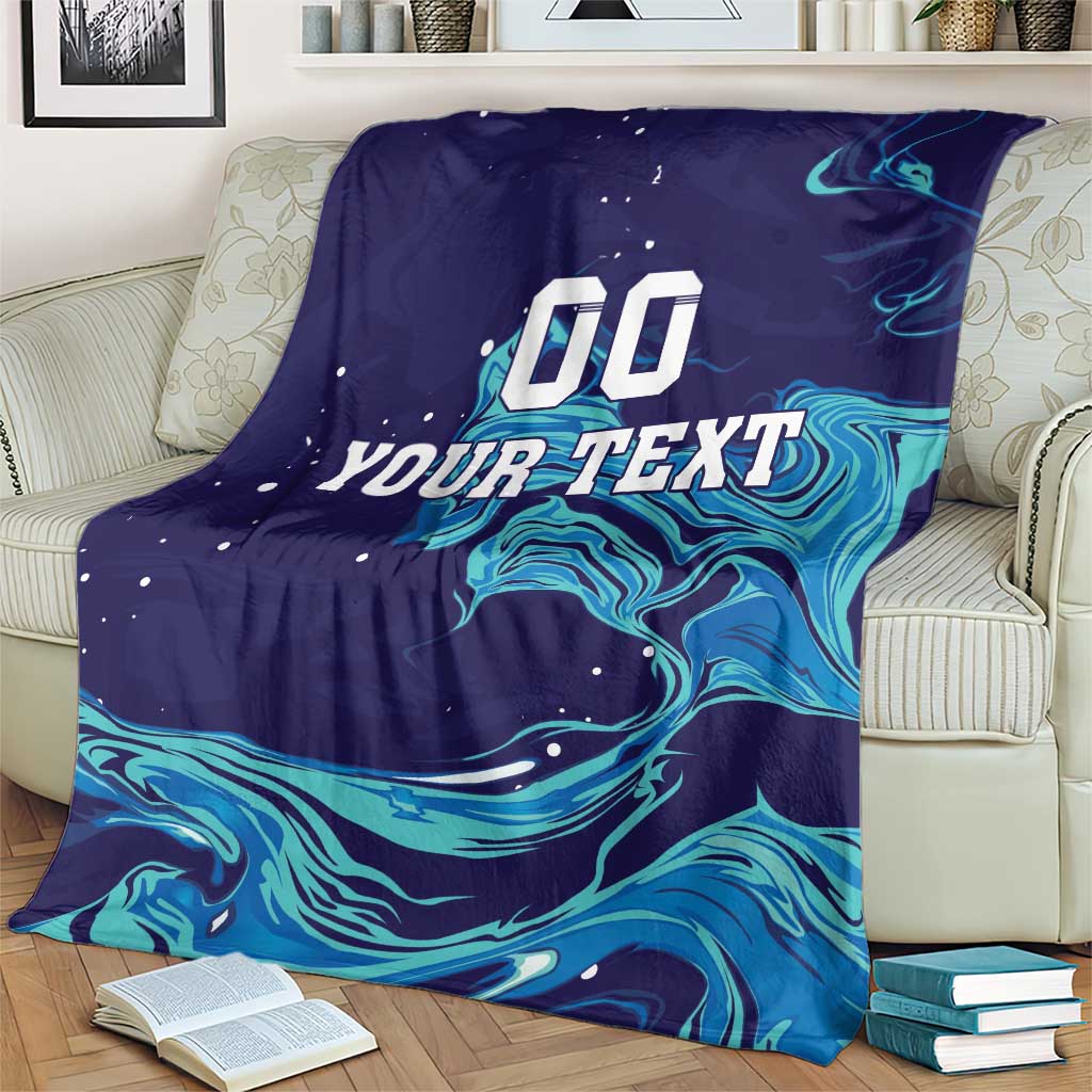 Customizable rugby blanket with bold '00 YOUR TEXT' over dark navy and teal waves