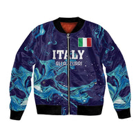 Unisex bomber jacket with navy blue flame pattern, zip front, Italy flag chest patch