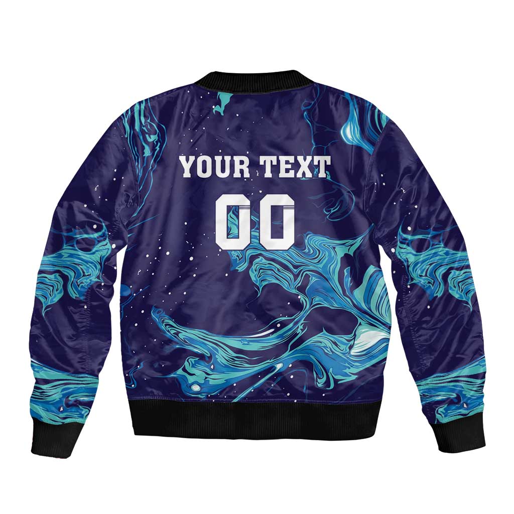 Unisex bomber jacket back with blue flame pattern and 'YOUR TEXT' graphic, ribbed hem