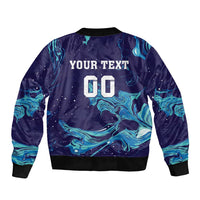 Unisex bomber jacket back with blue flame pattern and 'YOUR TEXT' graphic, ribbed hem