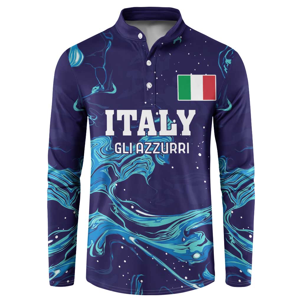 Men's navy rugby button sweatshirt with Italy flag and wave graphic front