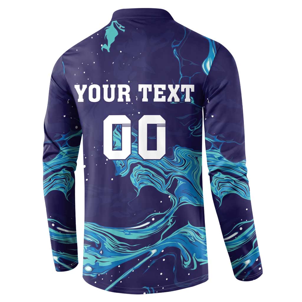 Men's navy rugby button sweatshirt back with YOUR TEXT 00 and wave pattern