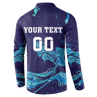 Men's navy rugby button sweatshirt back with YOUR TEXT 00 and wave pattern