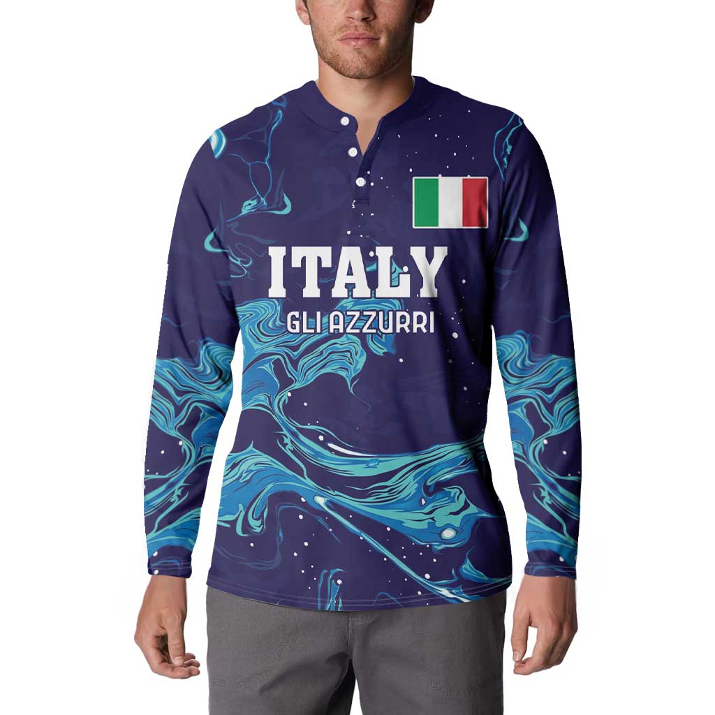 Men's navy rugby button sweatshirt with Italy flag and ITALY/GLI AZZURRI chest print